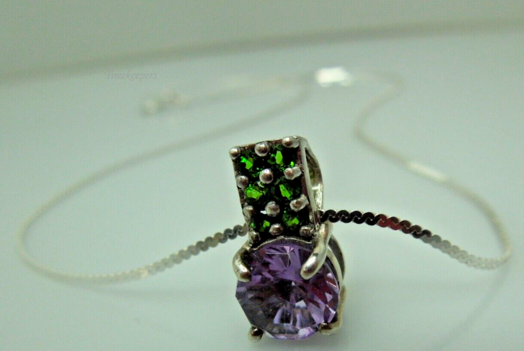 s962 Solid Sterling Silver Synthetic Purple and Green Stone Necklace 15"/3.4g