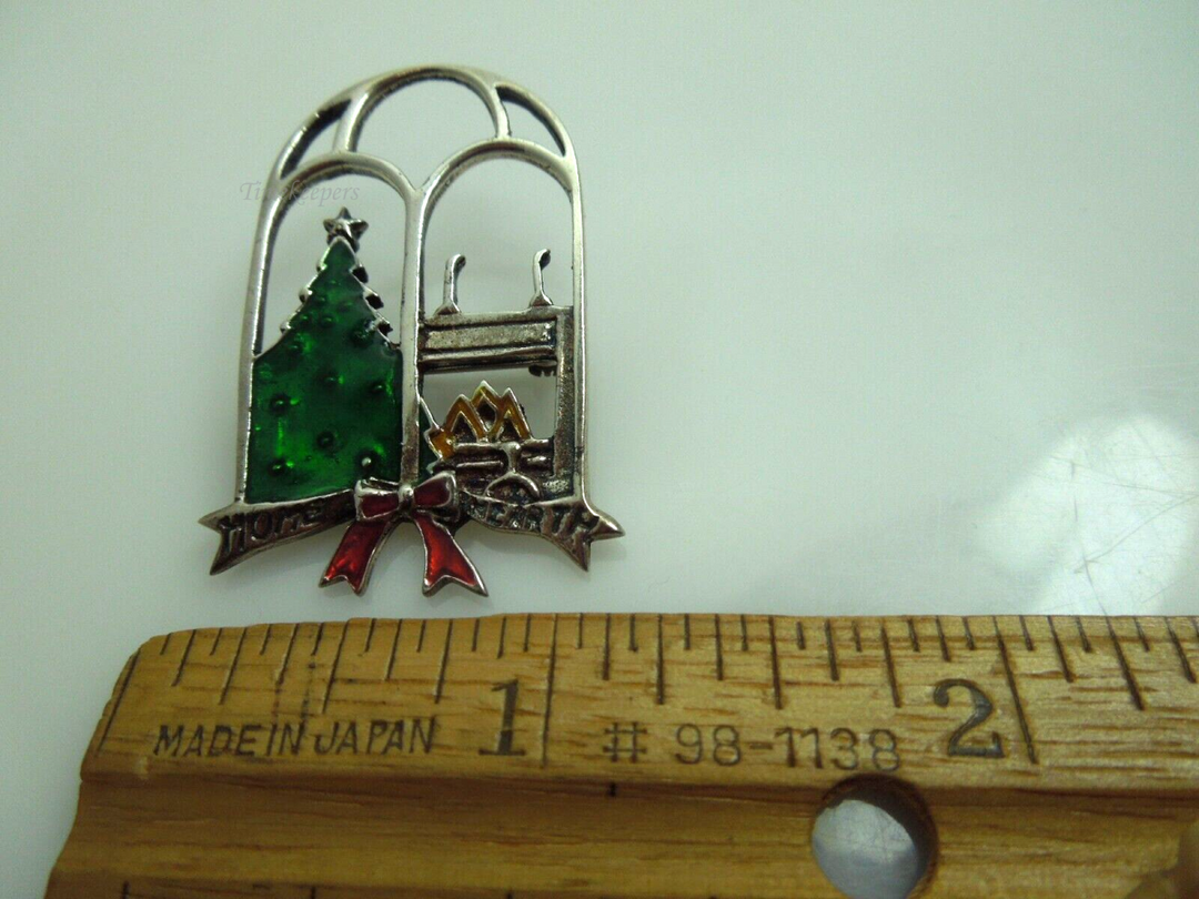 s717 Sterling silver Enameled green tree fireplace red bow mantlepiece HOME HEARTH Pin,Dress Pin,Brooch  