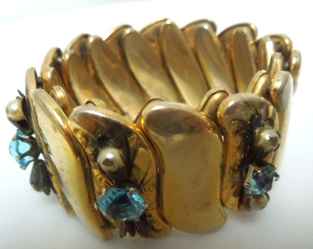 s333 Bugbee & Niles Vintage 1930s Synthetic Blue Topaz Pearls Expandable Bracelet