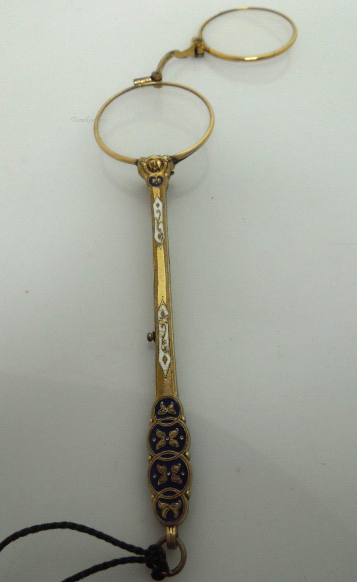 s203 Victorian Antique Lorgnette Folding Opera Glasses Gold filled Enamel Ornate Handle Excellent