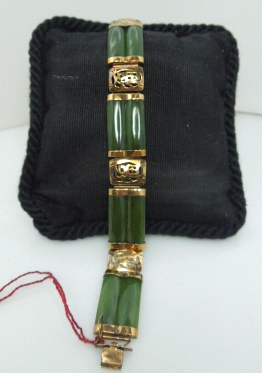 s912 Double Fu Fuku Fortune Jade Bracelet with 14K Yellow Gold 7"