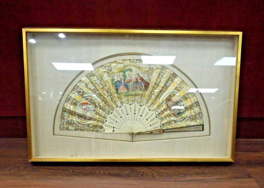 s971 Circa 1880 Continental Paper and Inlaid Fan with Wooden frame  