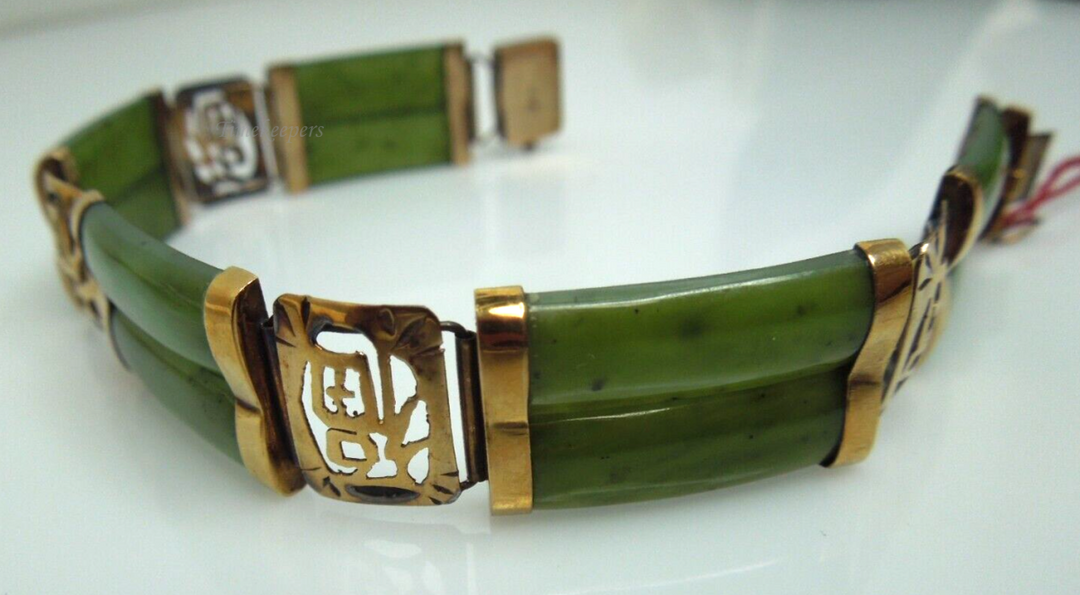 s912 Double Fu Fuku Fortune Jade Bracelet with 14K Yellow Gold 7"