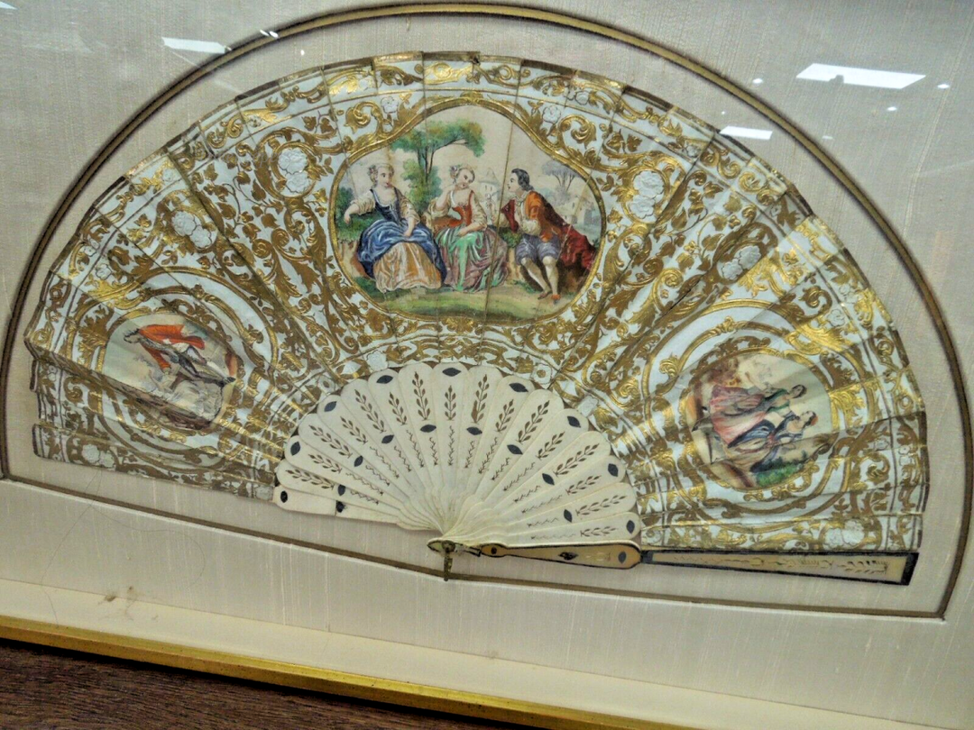 s971 Circa 1880 Continental Paper and Inlaid Fan with Wooden frame  