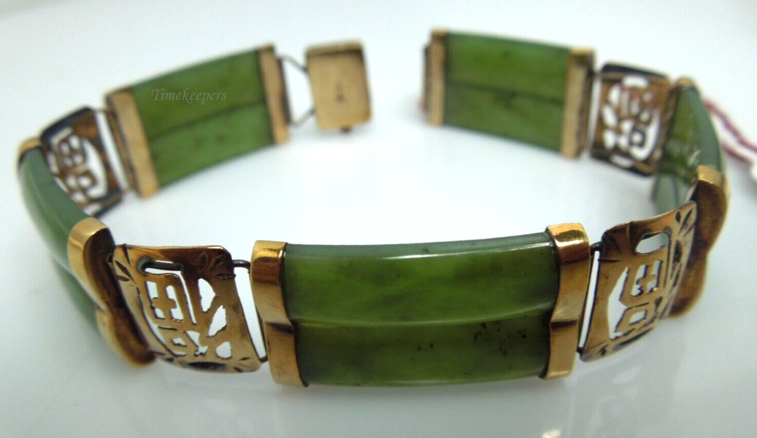 s912 Double Fu Fuku Fortune Jade Bracelet with 14K Yellow Gold 7"