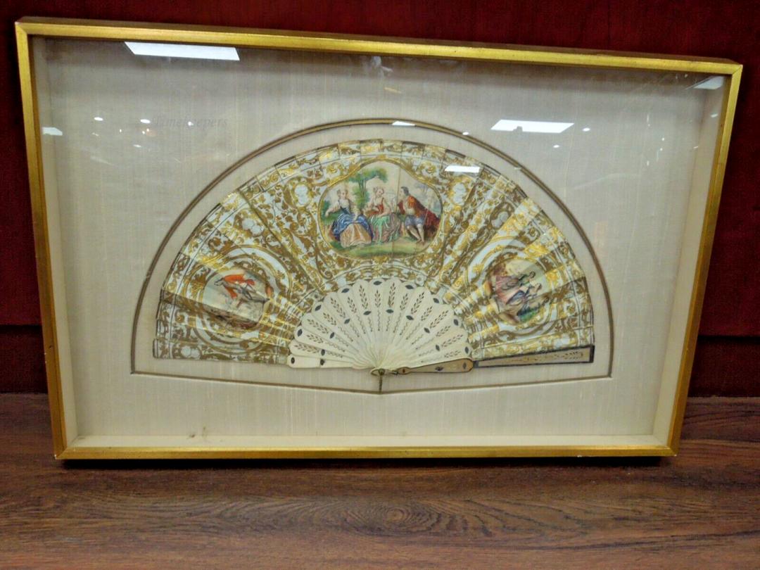 s971 Circa 1880 Continental Paper and Inlaid Fan with Wooden frame  