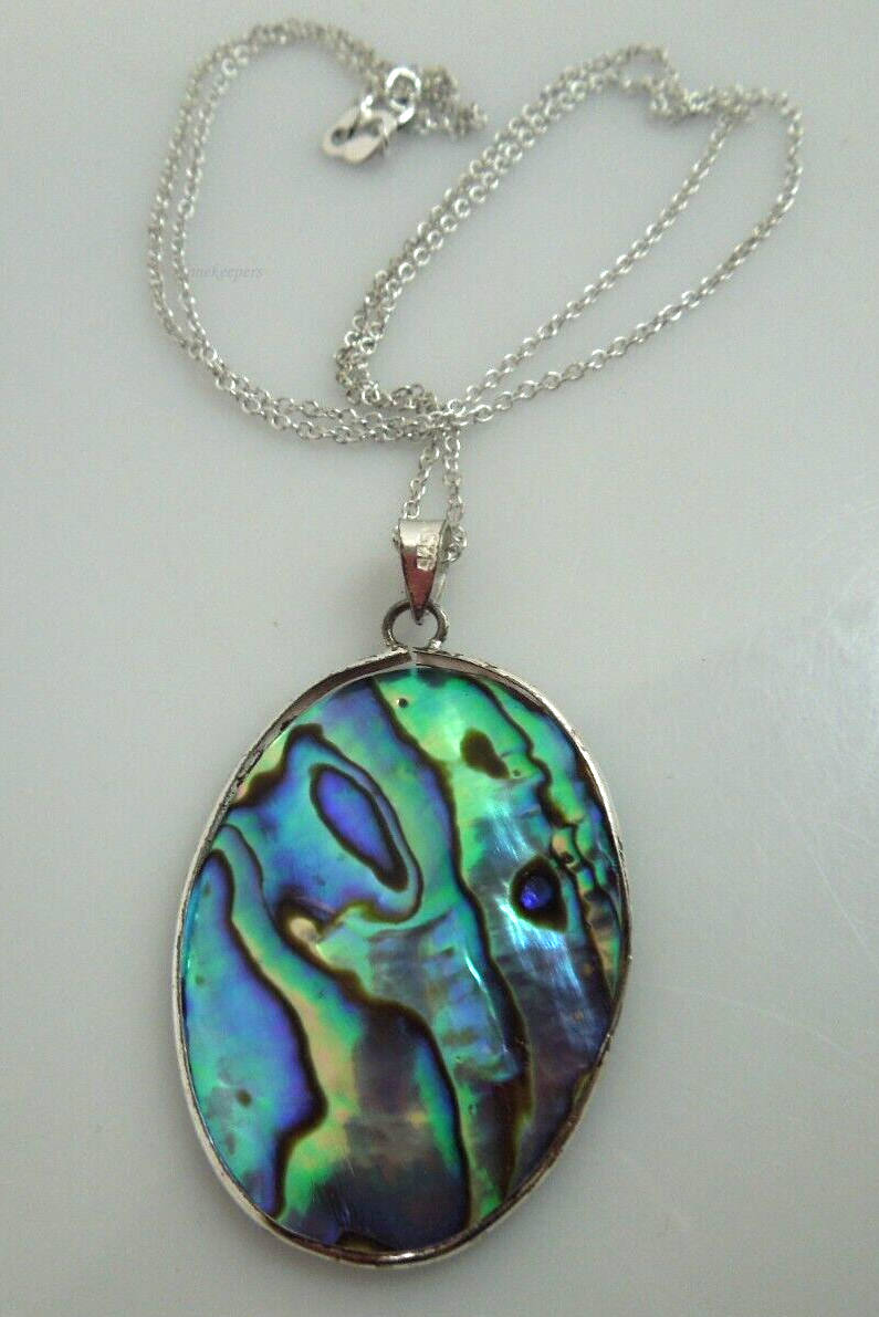 t069 Vintage Abalone Shell Pendant Silver with Sterling Silver 925 Chain 18"