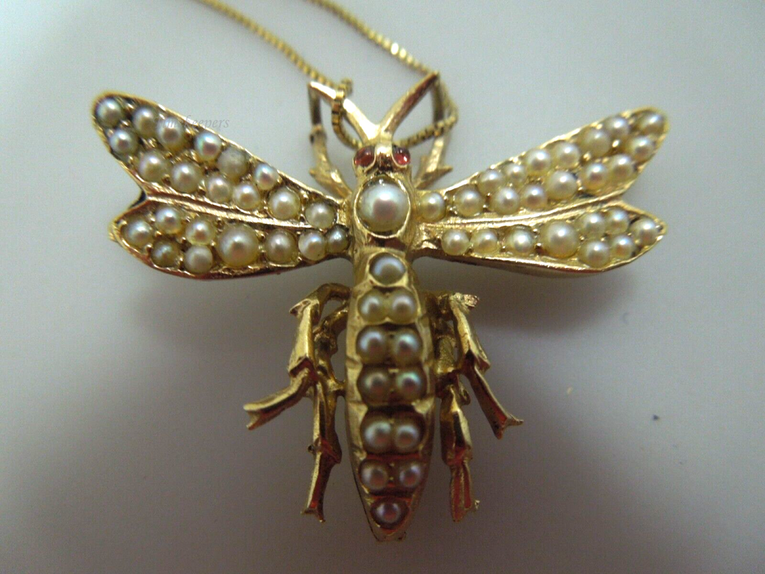 s391 14kt Yellow Gold Dragonfly Seed Pearls Pendant Necklace Signed 6.5g