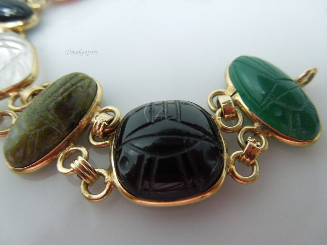 s936 14k Yellow Gold Carved Multi Color Gemstone Scarab Bracelet 24.2g/6 1/2"  