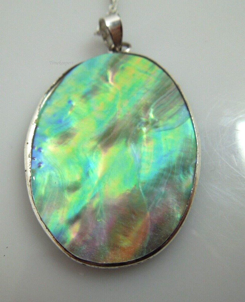 t069 Vintage Abalone Shell Pendant Silver with Sterling Silver 925 Chain 18"