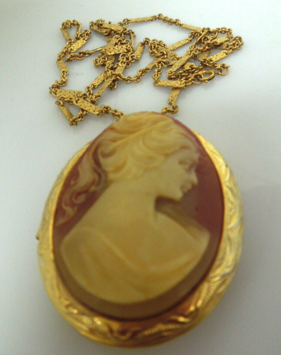 s893 Vintage Cameo Locket on Chain, Gold Filled Metal and Resin Faux Cameo, Queenly Medieval Jewels, 1970s