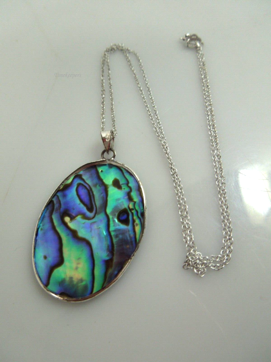 t069 Vintage Abalone Shell Pendant Silver with Sterling Silver 925 Chain 18"