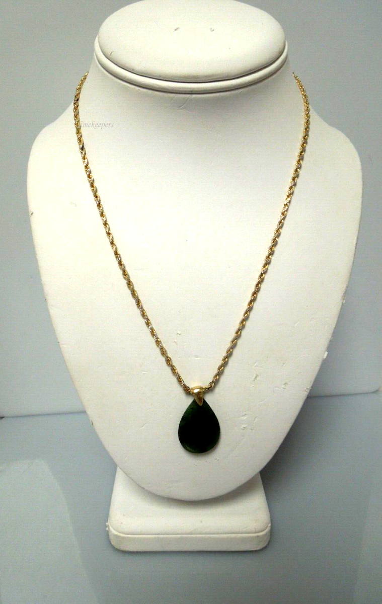 s129 14kt Yellow Gold Rope Chain,Waterdrop Nephrite Jade Pendant Necklace 18" Hallmarked 