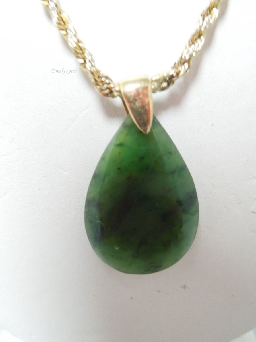 s129 14kt Yellow Gold Rope Chain,Waterdrop Nephrite Jade Pendant Necklace 18" Hallmarked 