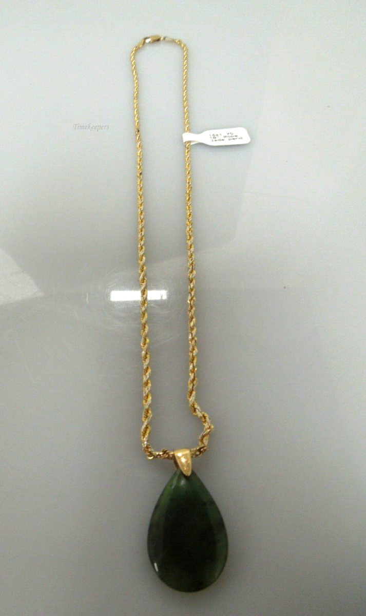 s129 14kt Yellow Gold Rope Chain,Waterdrop Nephrite Jade Pendant Necklace 18" Hallmarked 