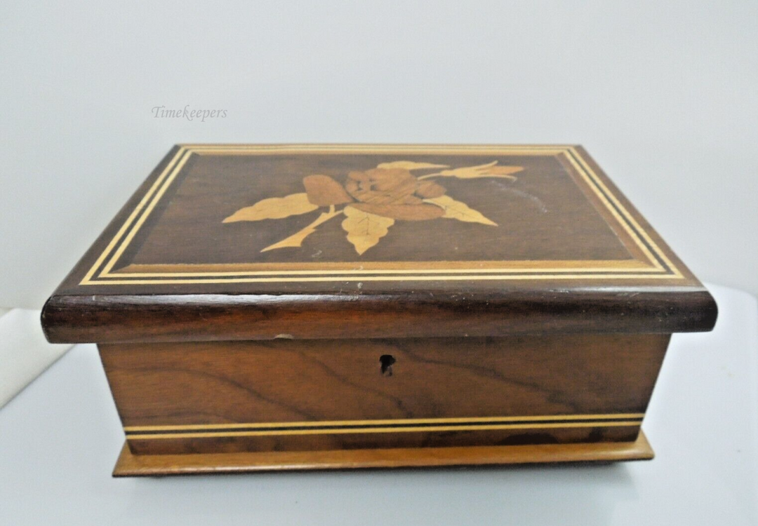  t071 Vintage Wooden Jewelry Box 3 Tone Inlaid Rose Floral 8"