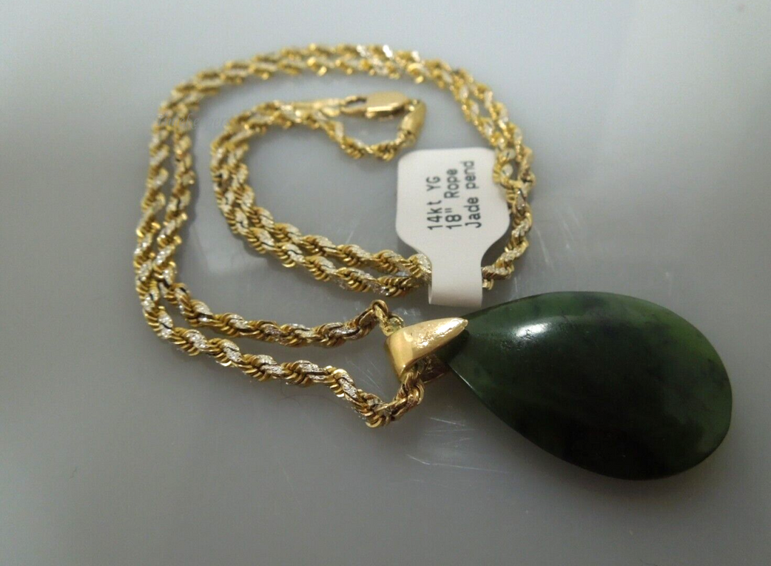 s129 14kt Yellow Gold Rope Chain,Waterdrop Nephrite Jade Pendant Necklace 18" Hallmarked 