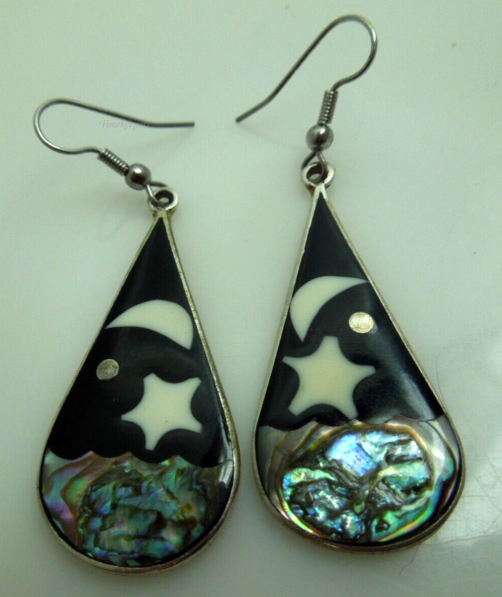 s718 Celestial Earrings, Landscape Earrings, Starry Night Design, Abalone Shell Inlay, Silver Abalone Earrings,