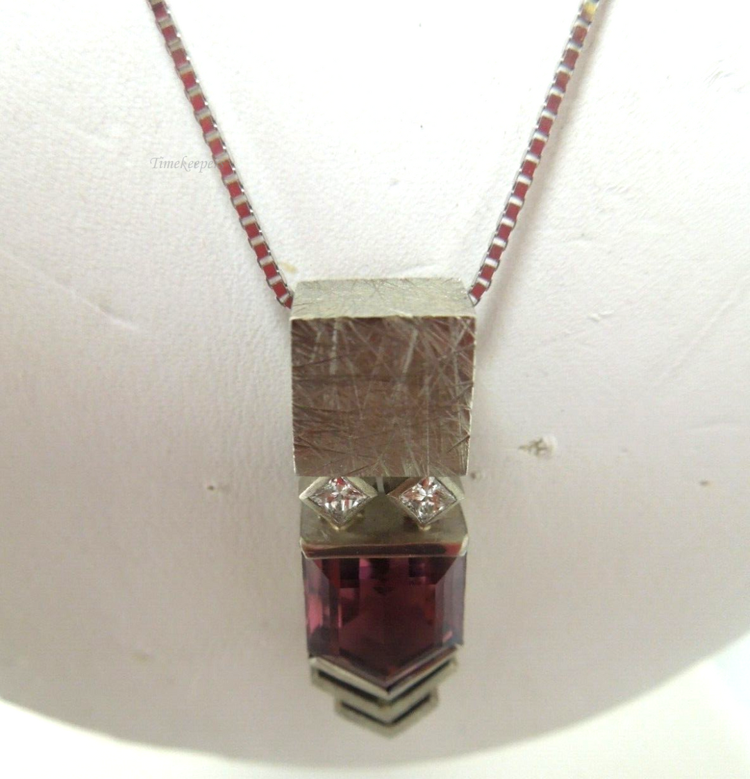 s164 14kt White Gold Diamond .06 cts Rubellite Gemstone Pendant Necklace 20"