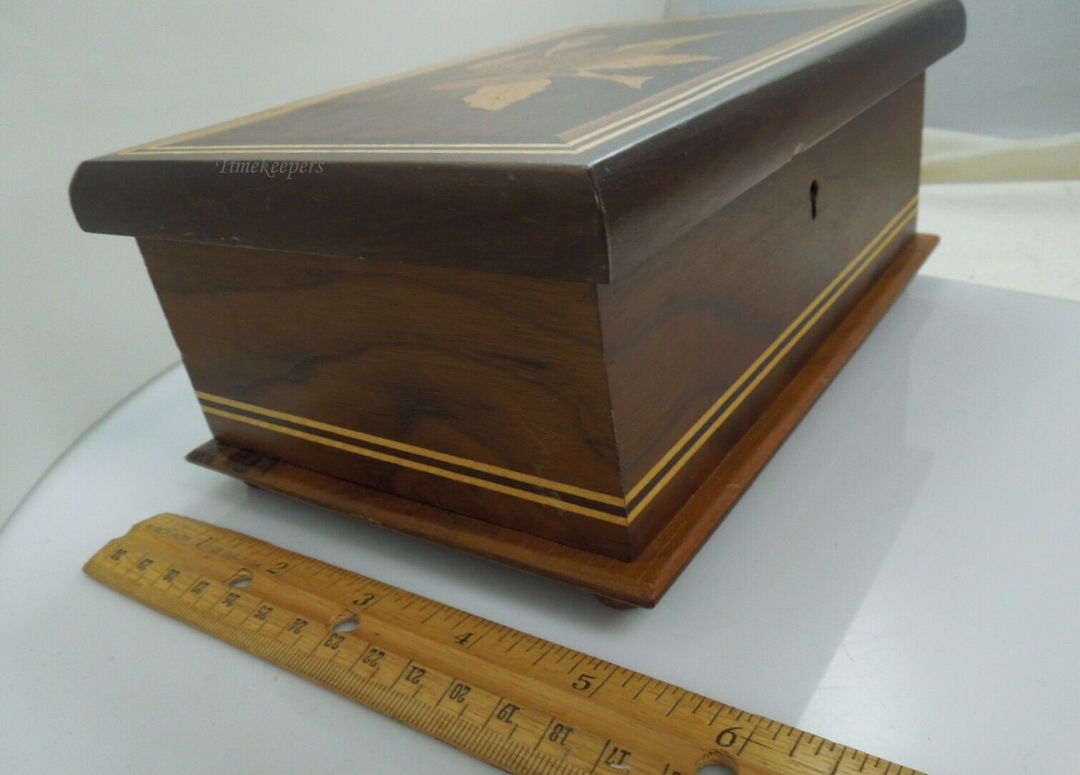  t071 Vintage Wooden Jewelry Box 3 Tone Inlaid Rose Floral 8"