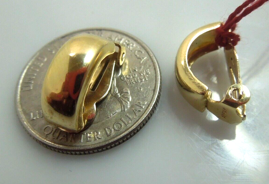 s186 Pretty Pair of 1/2 Hoop Clip On Earrings in 14kt Solid Yellow Gold Signed 2.8g