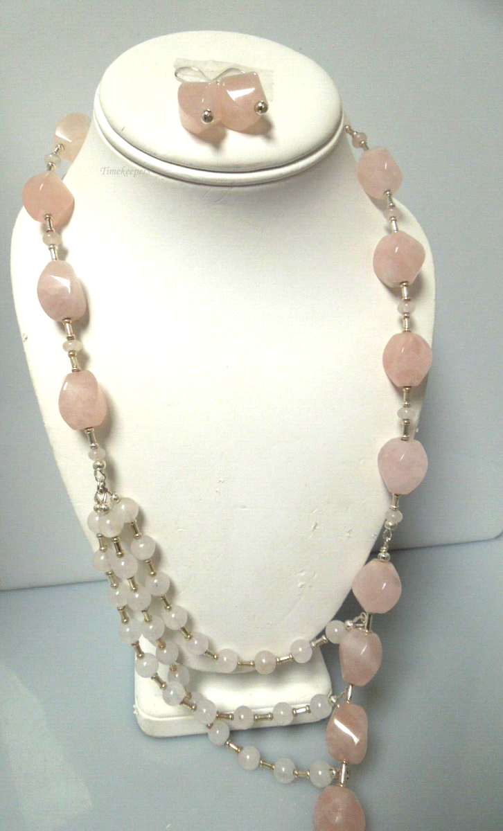 s110 Natural Genuine Rose Quartz Statement Necklace and matching earrings with Sterling Silver Lock 