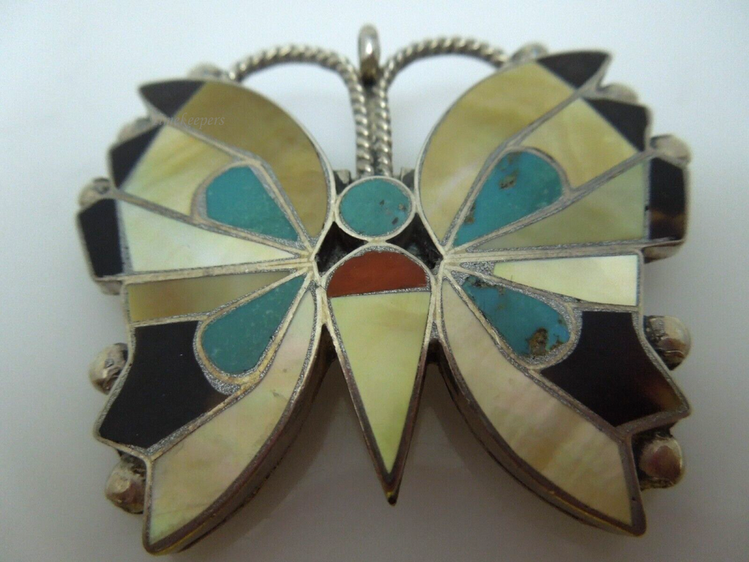 s574 Exceptionally Fine Zuni Rosita Wallace Butterfly Pin Mosaic Inlay mid-Century Sterling Silver  