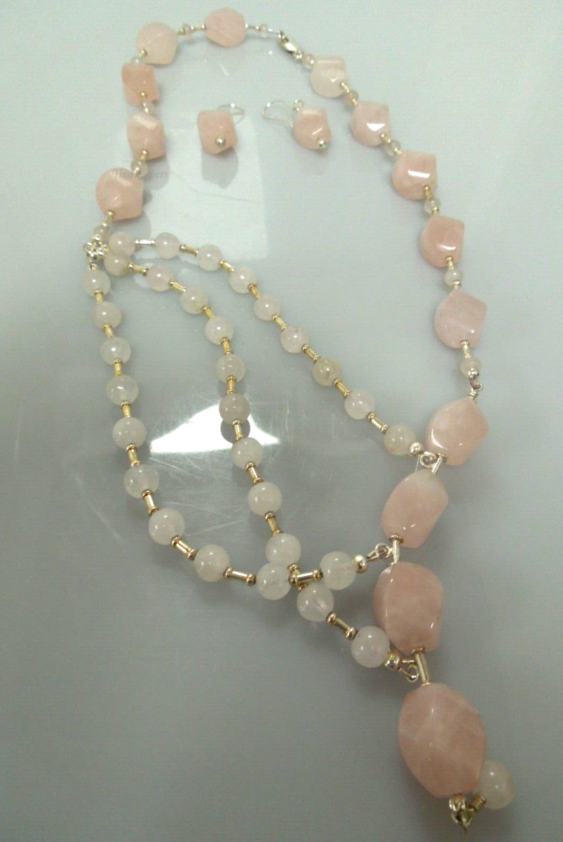 s110 Natural Genuine Rose Quartz Statement Necklace and matching earrings with Sterling Silver Lock 