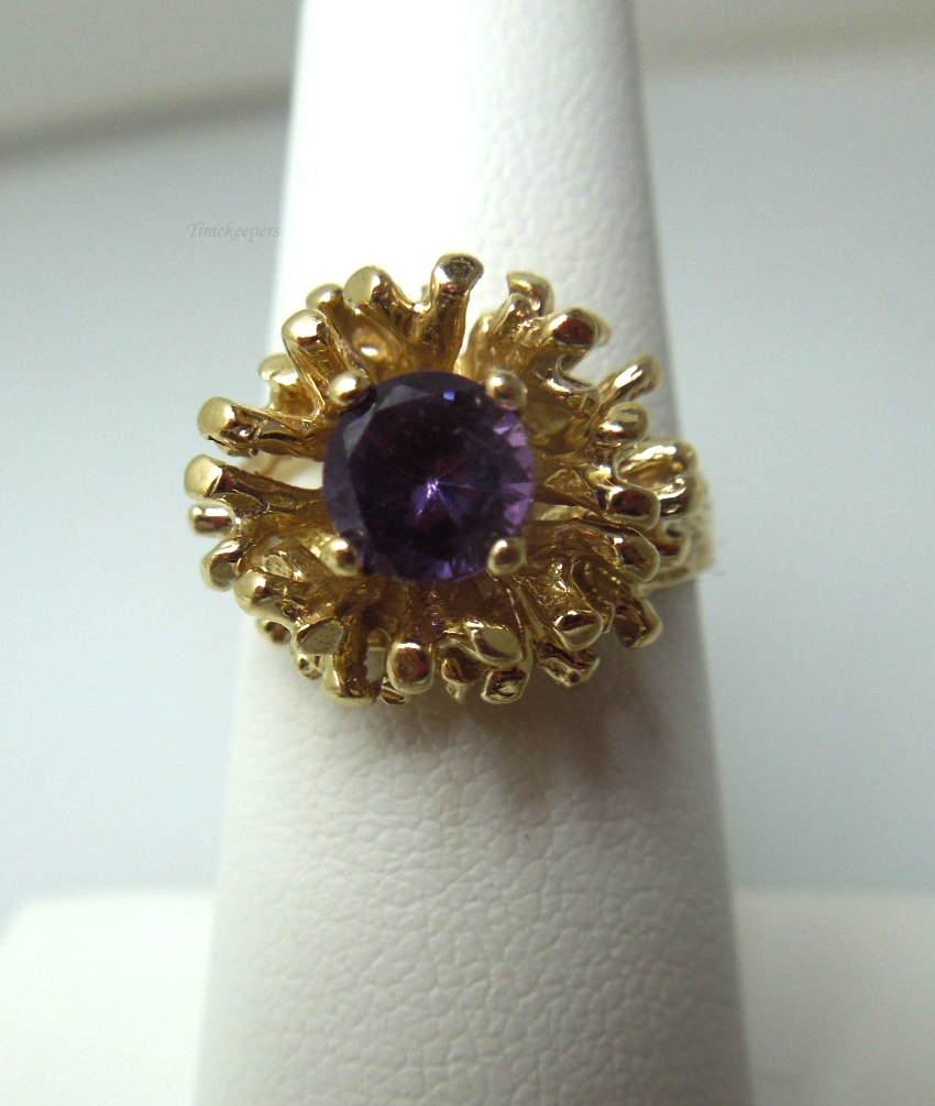 s879 10kt Yellow Gold  Synthetic Amethyst Ring Size 6 3/4  