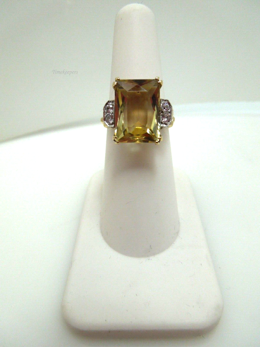 s671 Emerald Cut Lemon Topaz Cubic Zirconia Ring 10kt Solid Yellow Gold Ring Size  6 1/4(US) Signed 4.9g