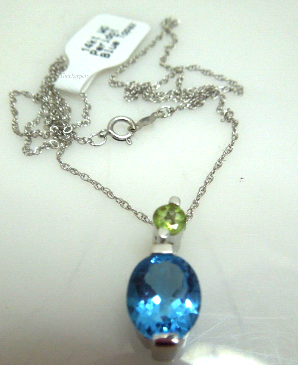 s563 14kt White Gold Peridot Blue Topaz  Pendant Chain Necklace Very Pretty