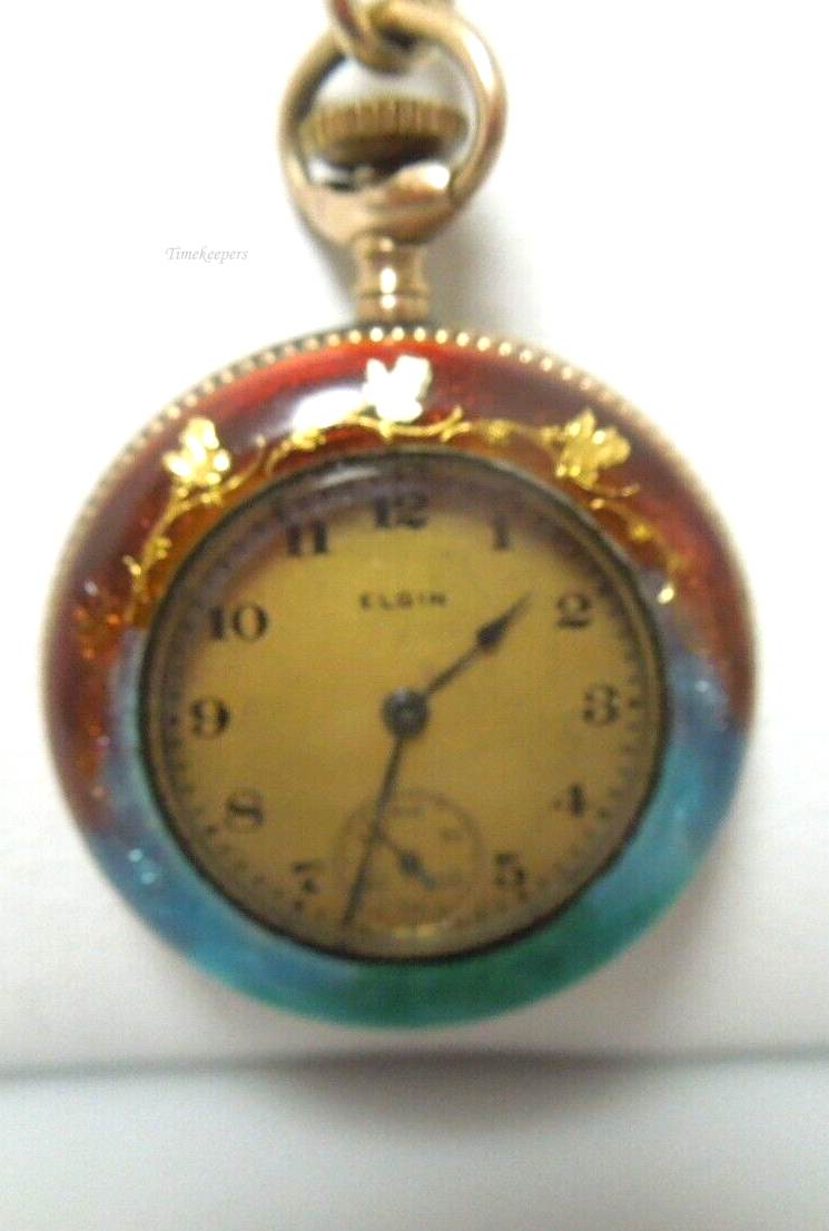 s187 Vintage Elgin Enamel Cloisonne Gold Filled Chain Pocket watch Swiss movement  