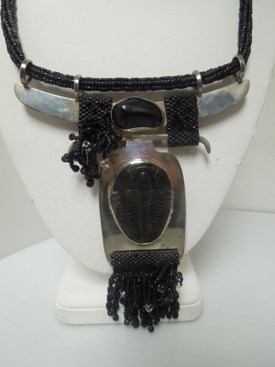 s165 Solid Silver Set Trilobite Black Necklace - A Stunning Piece Of Fossil Jewellery Handmade