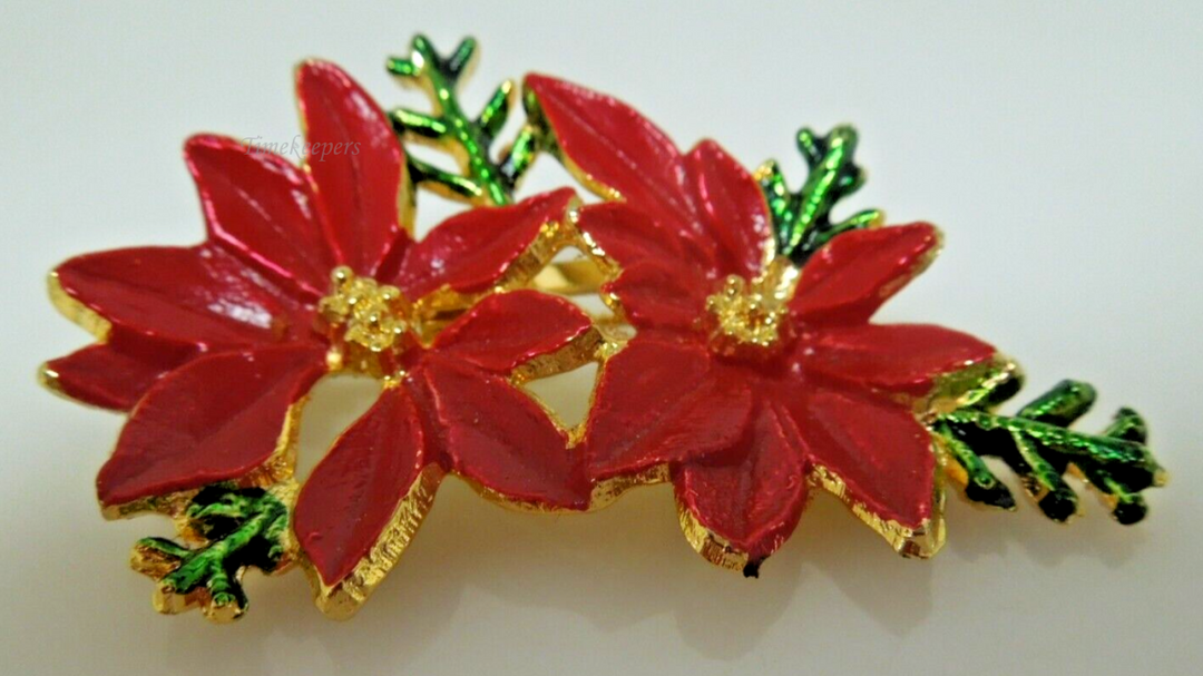 s630 Vintage Signed General Mfg Christmas Red Poinsettia Flower Brooch Pin, Pretty Vintage Red Poinsettia Flower Christmas Pin