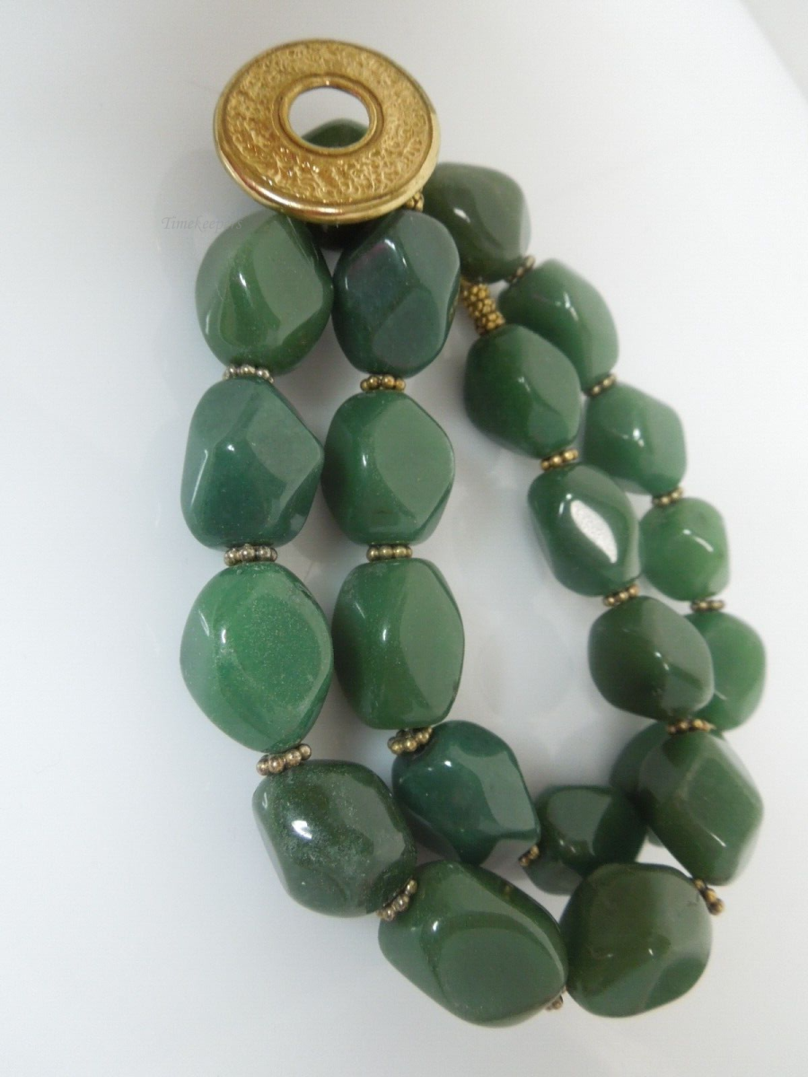 t137 Set of 2 Green Aventurine faceted beaded Gold tone toggle Clasp Necklace and Green Aventurine Triangle Necklace with Silvertone Clasp  