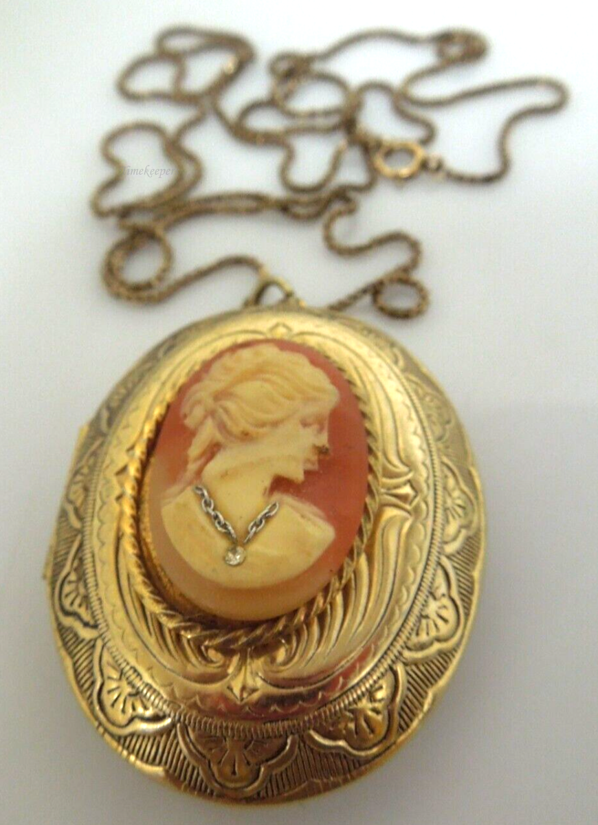 s892 Vintage Cameo Locket on Chain, Gold Filled Metal and Resin Faux Cameo, Queenly Medieval Jewels, 1970s