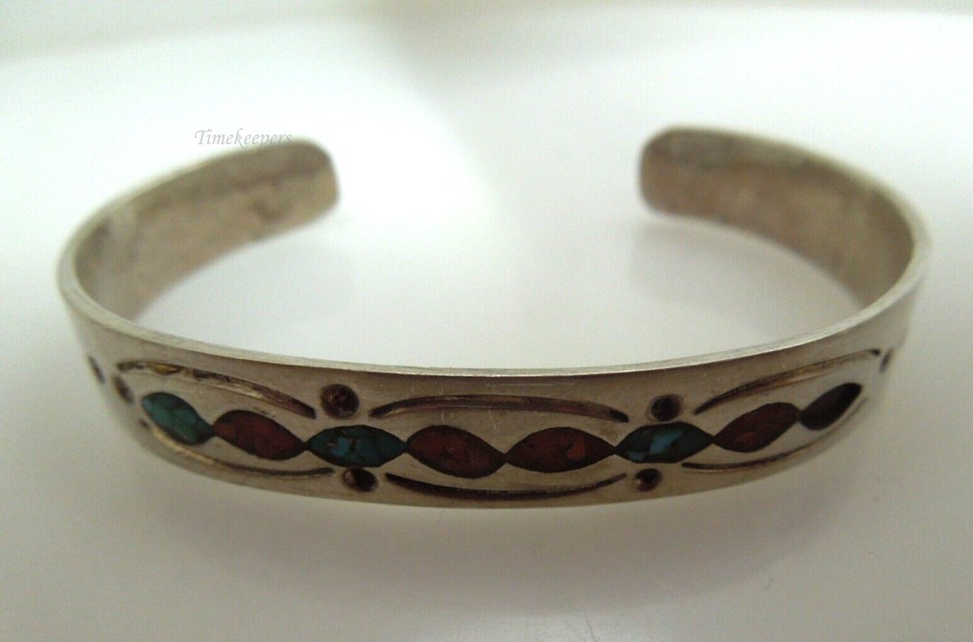 s730 Vintage Navajo Amazing Native American Turquoise Inlay Cuff Bracelet(One chip missing)