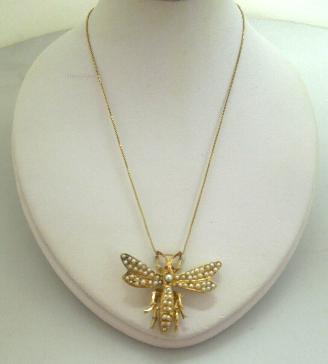 s391 14kt Yellow Gold Dragonfly Seed Pearls Pendant Necklace Signed 6.5g