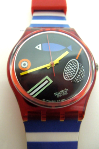 s483 1992 Swatch Retro Red White and Blue Stripes Watch Fish Ocean Water Theme Watch