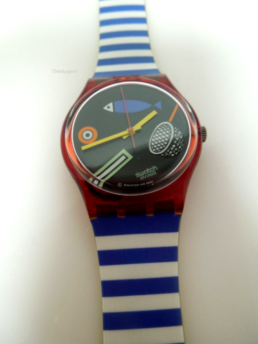 s483 1992 Swatch Retro Red White and Blue Stripes Watch Fish Ocean Water Theme Watch