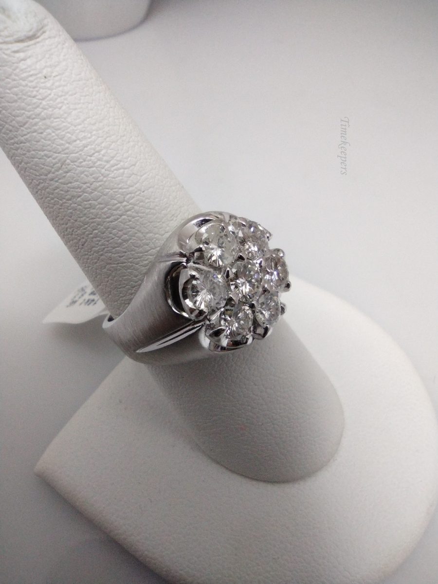 k627 Handsome Men's 14kt Brushed White Gold Diamond Cluster Ring Size 8.5